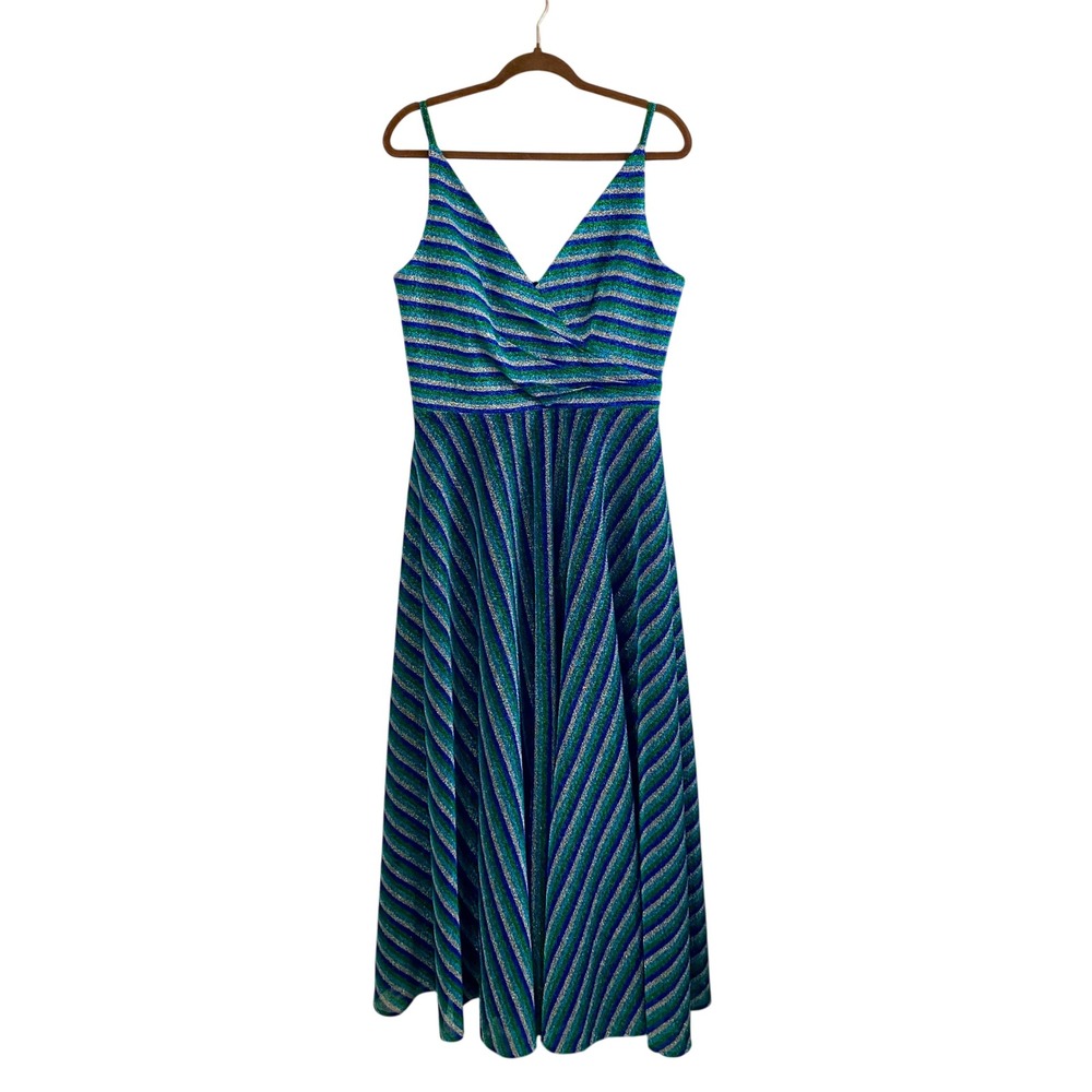 NWT Dress the Population Lena Metallic Striped Maxi Dress Electric Blue Green L